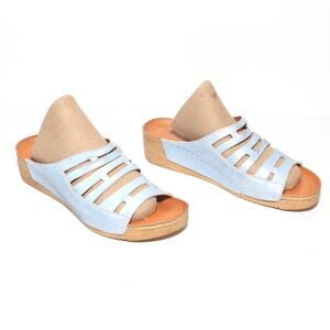 V Italia Platform Wedge Slides Blue Leather Sandals Size EU39